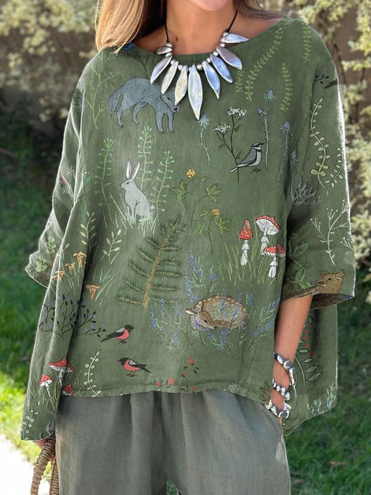 Woodland And Animals Repeat Pattern Printed Women's Casual Cotton And Linen Shirt