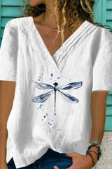 Dragonfly Print V-neck Short Sleeves T-shirt