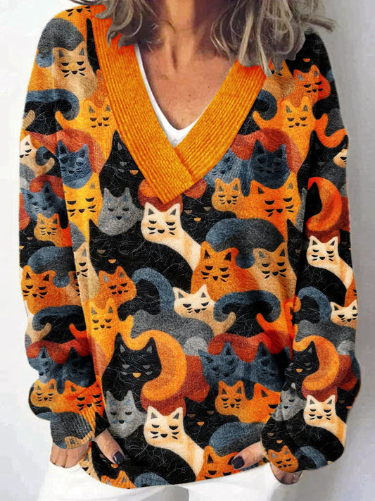 Vintage Wool Felted Cute Cat Halloween Pattern Print Knit V-neck Pullover Sweater