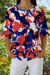 Womens Red Blue Bold Floral Print Casual Waffle Cotton Shirt