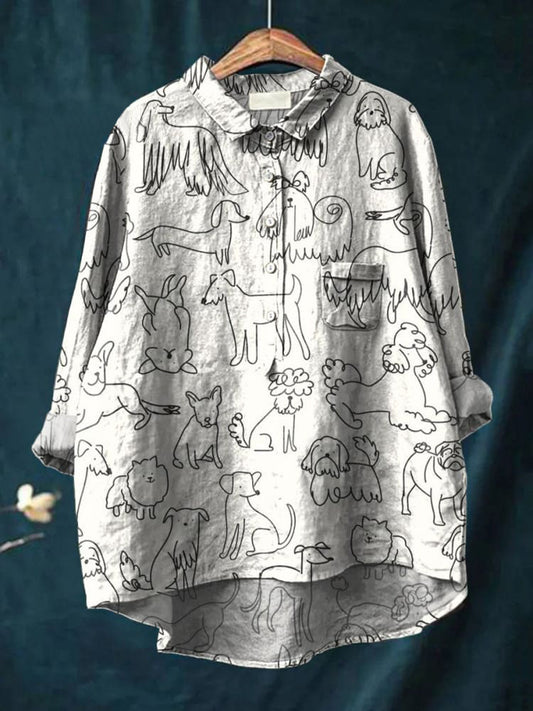 Women's Simple Black and White Line Puppy Print Casual Cotton And Linen Shirt