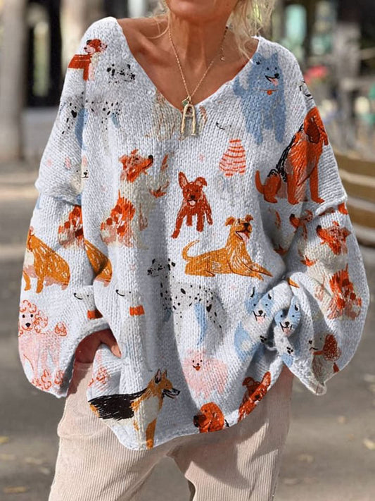 Retro Dog Art Print  Casual Pullover Sweater