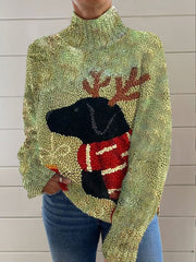 Christmas Dog Print Knit Turtleneck Pullover Sweater