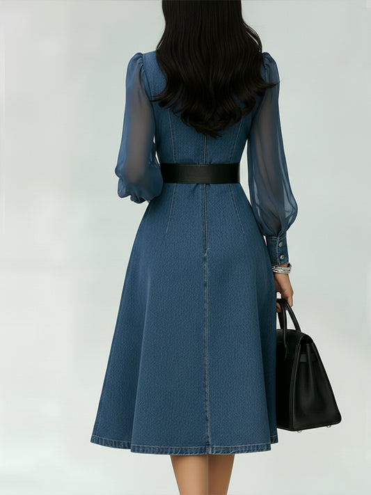 Organza Lantern Sleeve Denim Dress - Modern Patchwork Midi