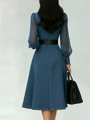 Organza Lantern Sleeve Denim Dress - Modern Patchwork Midi