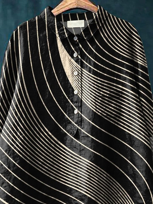Contemporary Geometric Pattern Printed Women's Casual Cotton And Linen Shirt