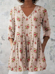 Women's Retro Floral Art Print Casual  V-neck Top