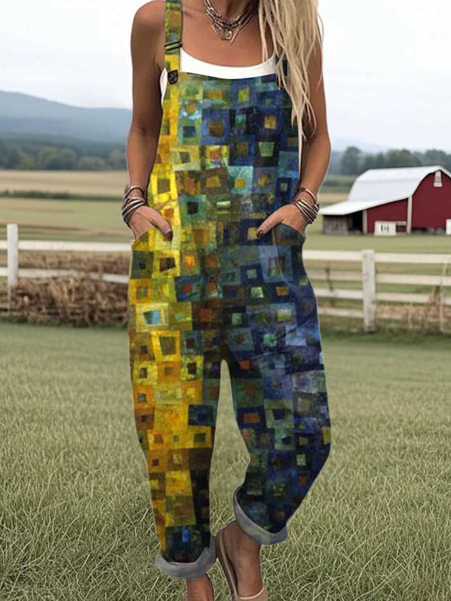 Women's  Vintage Abstract Geometric Art Print Casual  Wide Leg Jumpsuit