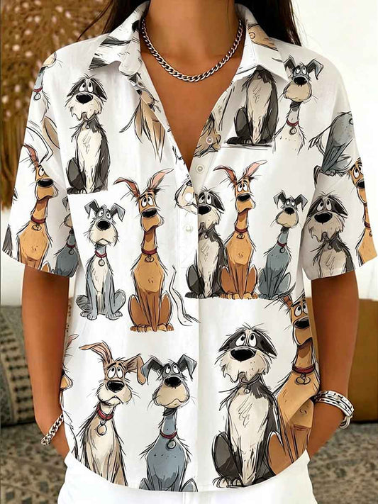 Women's Casual Loose Cotton-linen Top With Cartoon Puppy Print