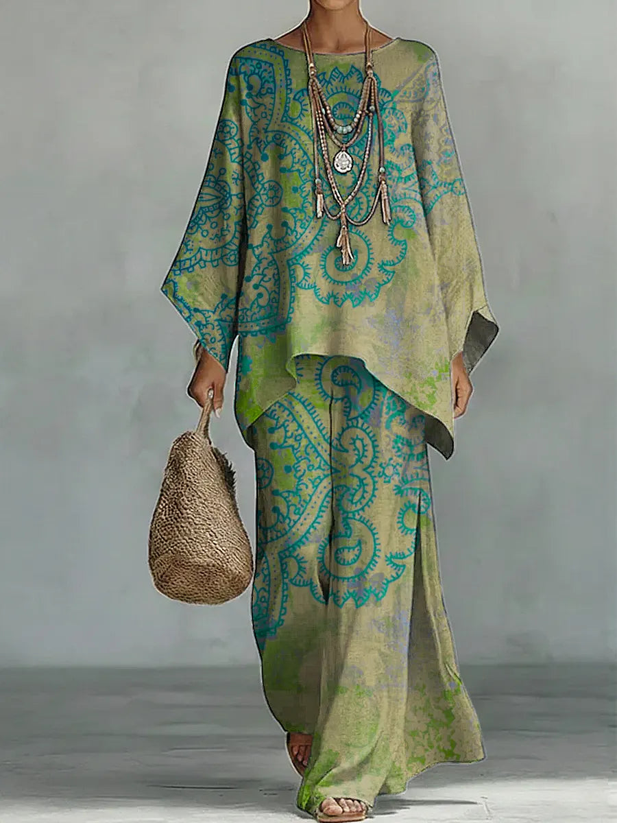 Women's Vintage Floral Art Comfortable Loose Cotton Linen Wide-leg Pants Two-piece Set