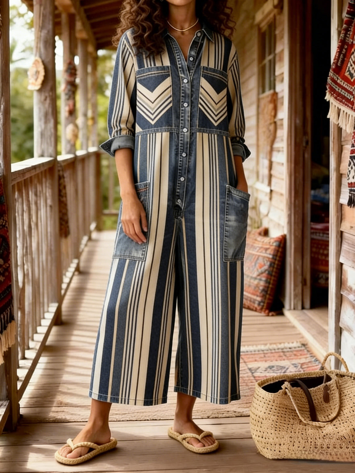 Women's Vintage Bohemian Art Print Casual Washed Cotton linen Denim Jumpsuit