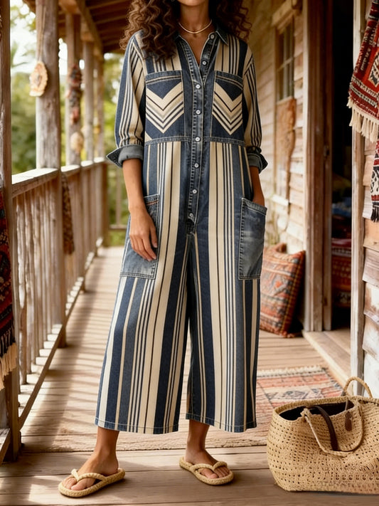 Women's Vintage Bohemian Art Print Casual Washed Cotton linen Denim Jumpsuit