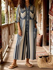 Women's Vintage Bohemian Art Print Casual Washed Cotton linen Denim Jumpsuit