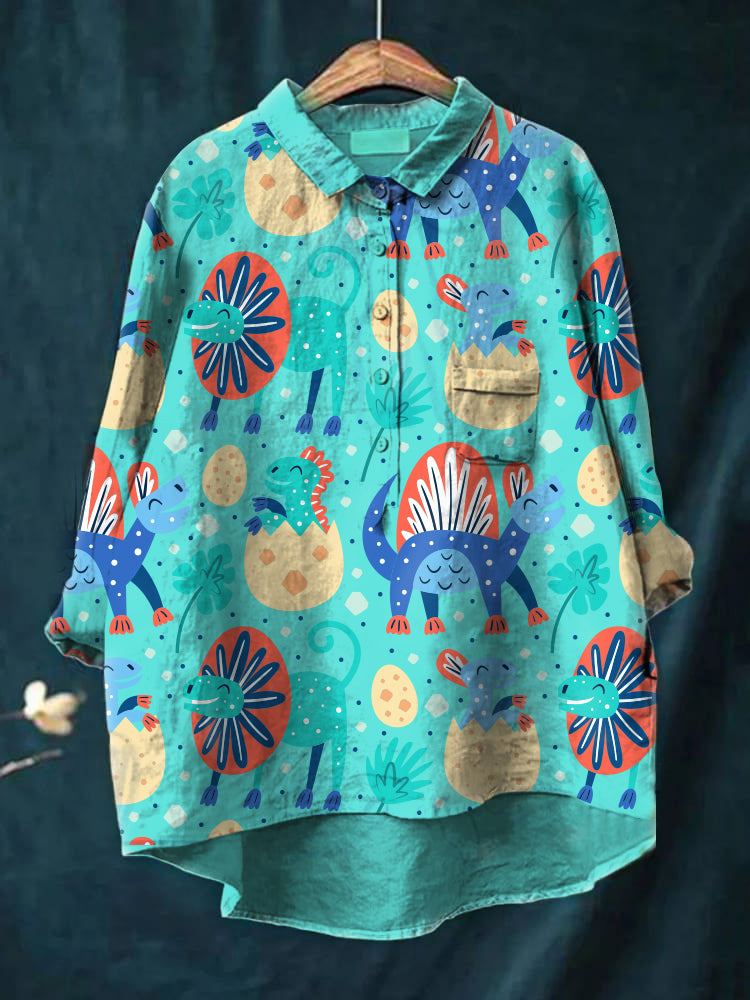 Women's Cute Dinosaur Printed Casual Cotton And Linen Shirt