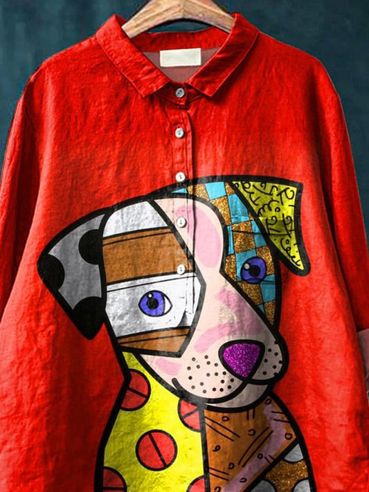 Pop Art Style Puppy Dog Graphic Printed Women's Casual Cotton And Linen Shirt