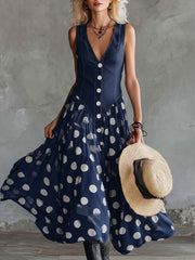 Women's V-neck Sleeveless Casual Loose Denim Patchwork Polka Dot Dress