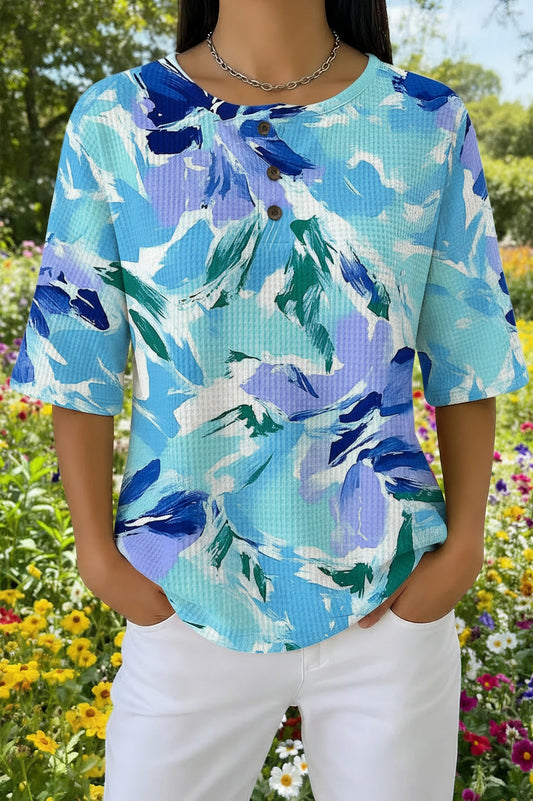 Womens Blue Aqua Leaf Print Casual Waffle Cotton Shirt