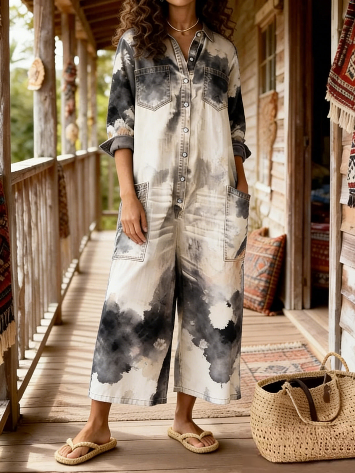 Women's Vintage Bohemian Art Print Casual Washed Cotton linen Denim Jumpsuit