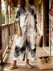 Women's Vintage Bohemian Art Print Casual Washed Cotton linen Denim Jumpsuit