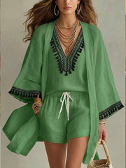 Casual Bohemian Linen And Cotton Cardigan, Sleeveless Top, And Shorts Three-piece Set