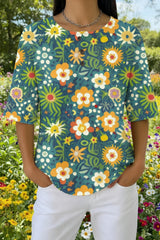Womens Green Daisy Garden Print Casual Waffle Cotton Shirt