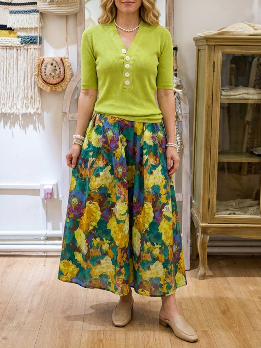 Cozy & Casual Knitted Top And Cotton Artistic-print Skirt Two-piece Set