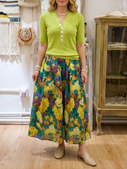 Cozy & Casual Knitted Top And Cotton Artistic-print Skirt Two-piece Set