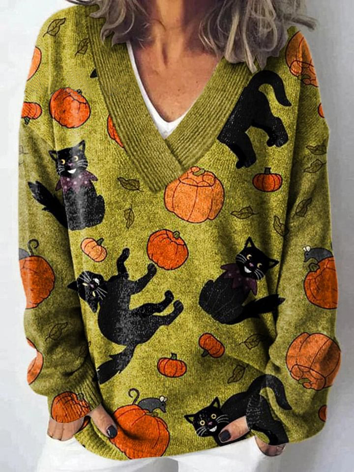 Halloween Black Cat Art Print Knit V-neck Pullover Sweater