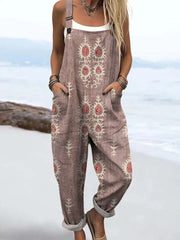 Women's Vintage Floral Pattern Art Print Casual Cotton Wide Leg Jumpsuit