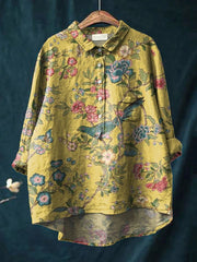 Women's Vintage Floral Birds Art Print Casual Cotton And Linen Shirt