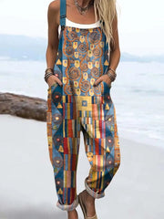 Women's Abstract Geometric Pattern Art Print Sleeveless Cotton Pocket Wrap Dress