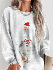 Women's Merry Christmas Cute Animals Goose Wearing Santa Hat Casual Print Sweatshirt