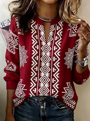 Women Ethnic Geometry Casual Blouse V Neck Long Sleeve Printing Top