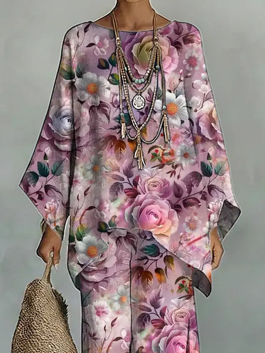 Women's Vintage Floral Art Comfortable Loose Cotton Linen Wide-leg Pants Two-piece Set