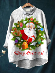 Santa Claus printed women's casual cotton and linen shirt