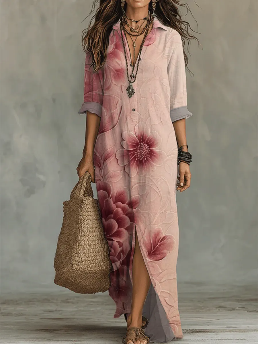 Women's Retro Floral Art Print Casual Long Sleeve Cotton Dress