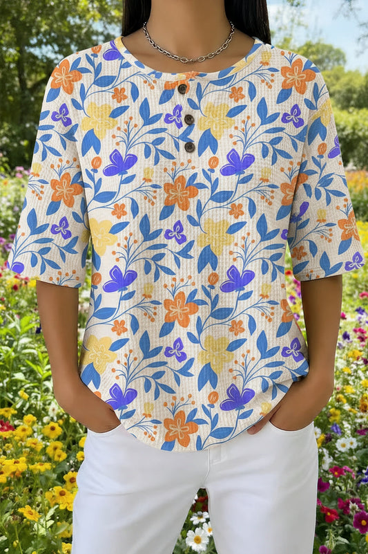Womens Small Floral Allover Print Casual Waffle Cotton Shirt