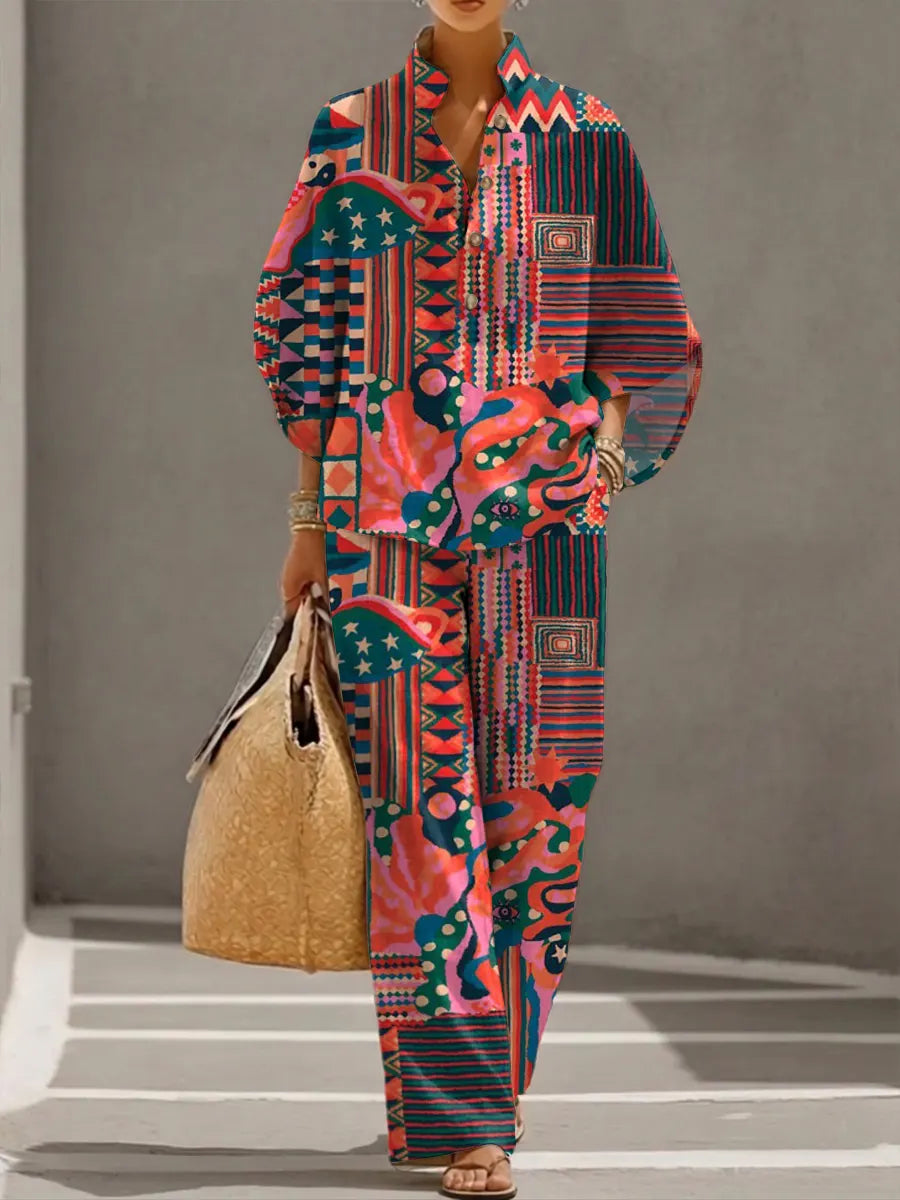 Women's Retro Art Print Casual 3/4 Sleeve Top And Pants Cotton Linen Suits