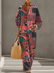 Women's Retro Art Print Casual 3/4 Sleeve Top And Pants Cotton Linen Suits