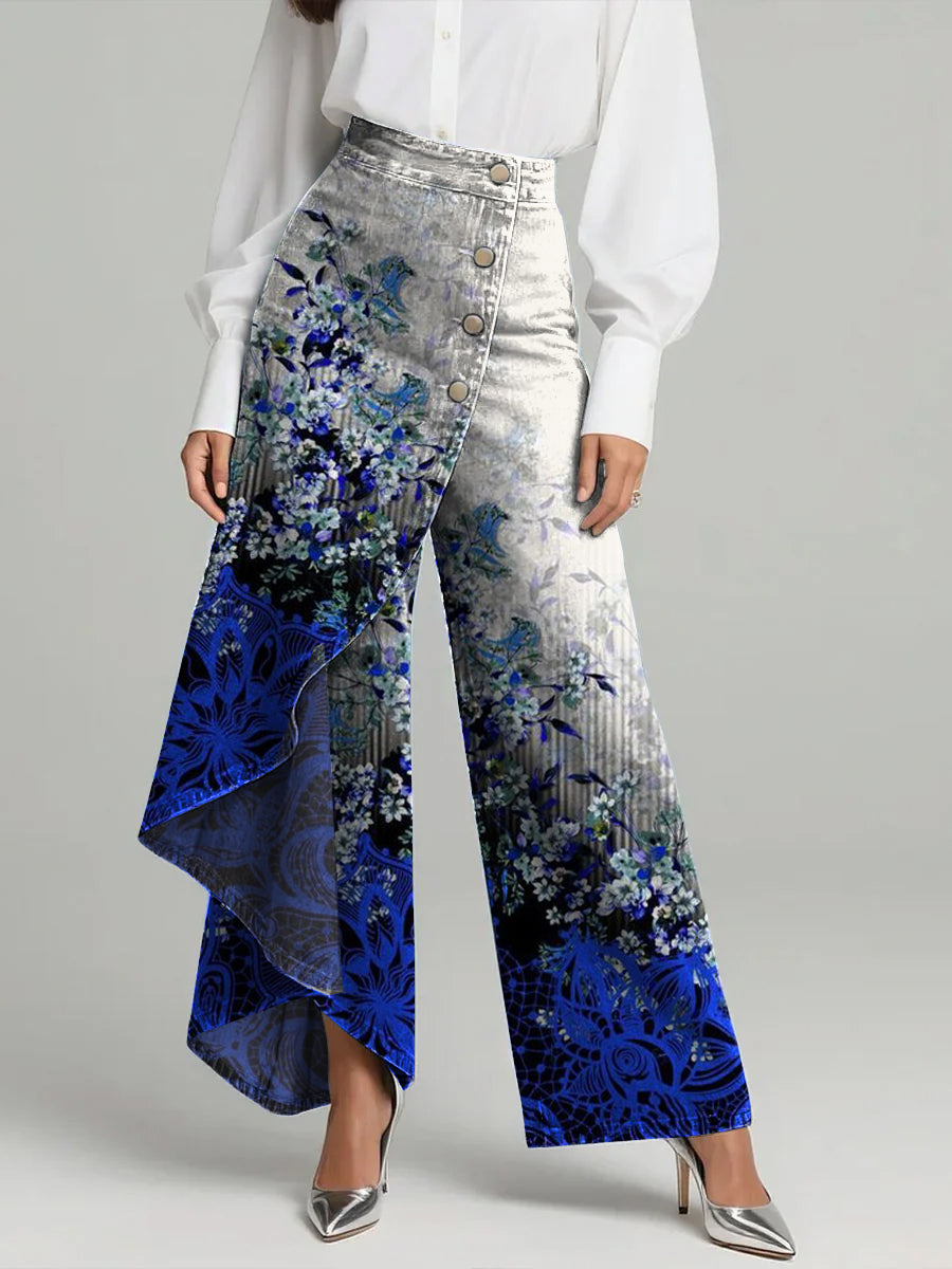 Women's Gradient Floral Art Print High-waisted Relaxed Fit Wide-leg Jeans With A Stylish Design.