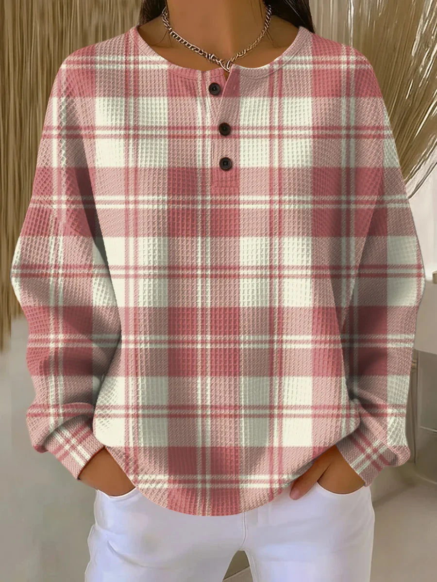 Women's Plaid Pattern Art Print Casual Cotton Waffle Sweatshirt