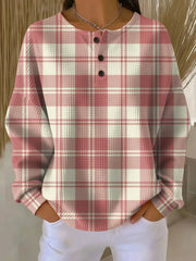 Women's Plaid Pattern Art Print Casual Cotton Waffle Sweatshirt