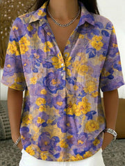 Women's Vintage Botanical Floral Casual Polo Collar Short-sleeved Linen And Cotton Shirt