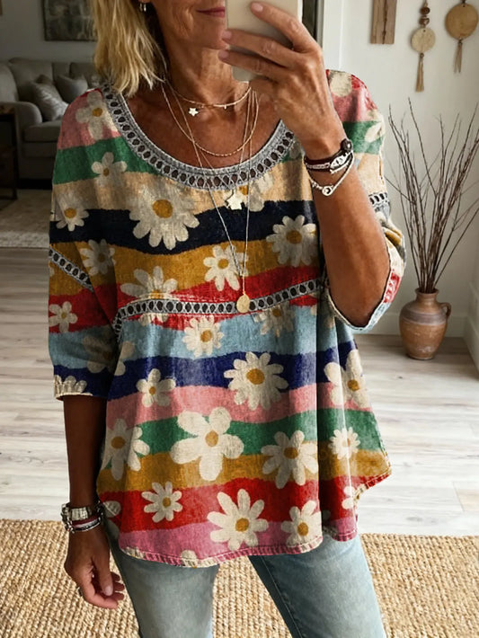 Ethnicity Geometry Flowers Colorful Women's Art Print Casual Round Neck Cutout Top