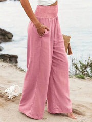 Women's Pink Pleated Cotton And Linen Casual Pants
