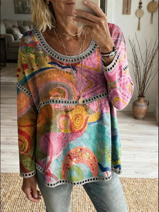 Women's Abstract Geometric Pattern Art Print Casual Round Neck Hollow-out Top