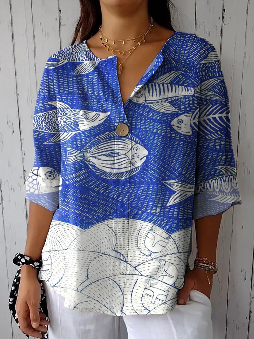 Women's Fish and Foxes Casual Cotton Linen Shirt