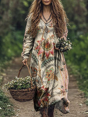 Women's Vintage Floral Art Print V Neck Pocket Cotton Dress