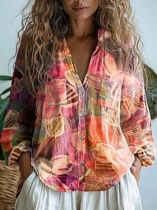 Women's Vintage Floral Art Print Casual Long Sleeve Comfortable Cotton Shirt