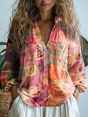 Women's Vintage Floral Art Print Casual Long Sleeve Comfortable Cotton Shirt